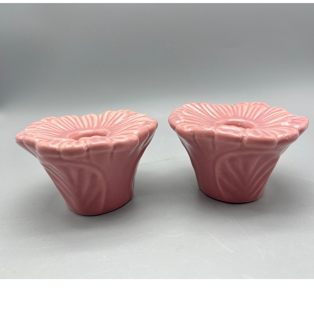 Pair Vintage Mid Century Pink‎ Pottery Flower Candle stick holders